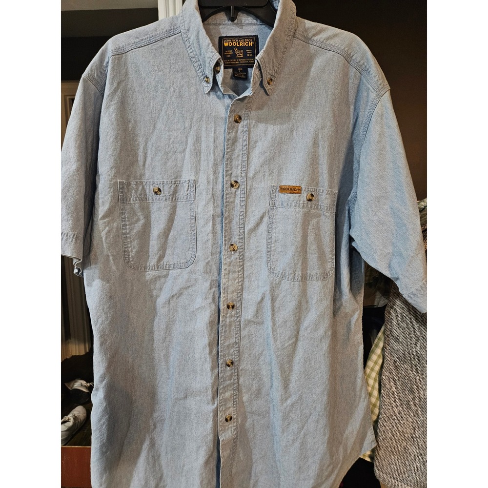 Woolrich John Rich and Br Mens Large Blue Short Sleeve Cotton Button Down Shirt